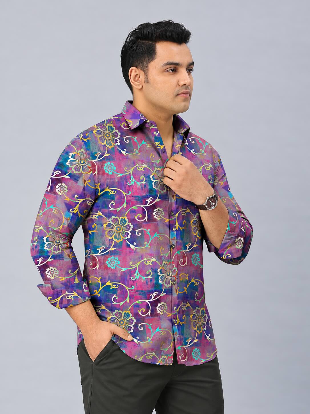 Gold Floral Digital Printed Men's Plus Size Full Sleeve Shirt