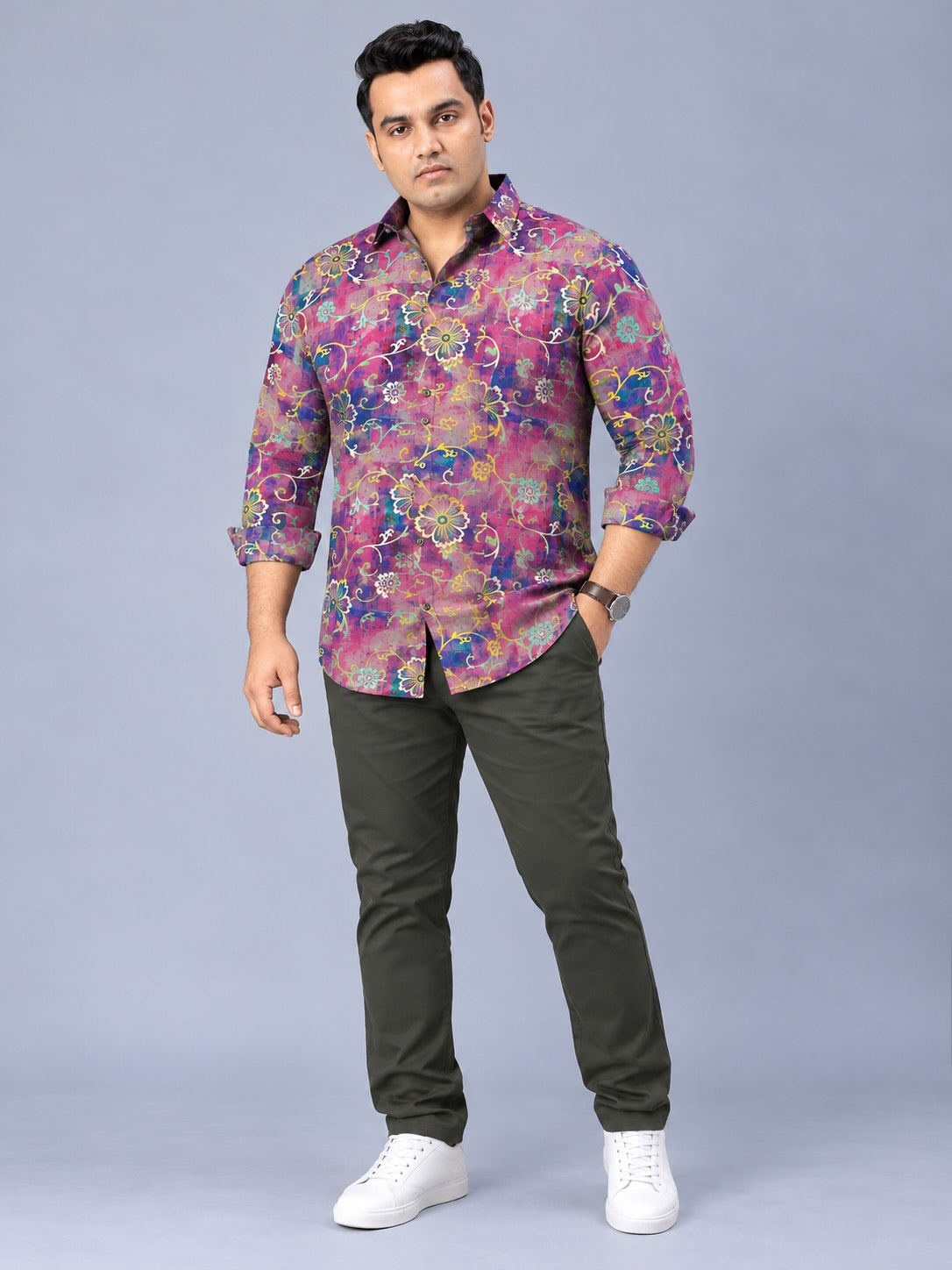 Gold Floral Digital Printed Men's Plus Size Full Sleeve Shirt