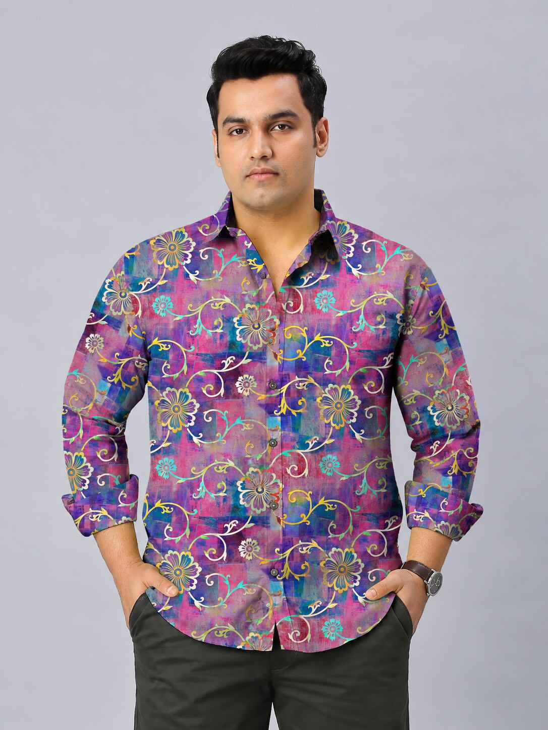 Gold Floral Digital Printed Men's Plus Size Full Sleeve Shirt