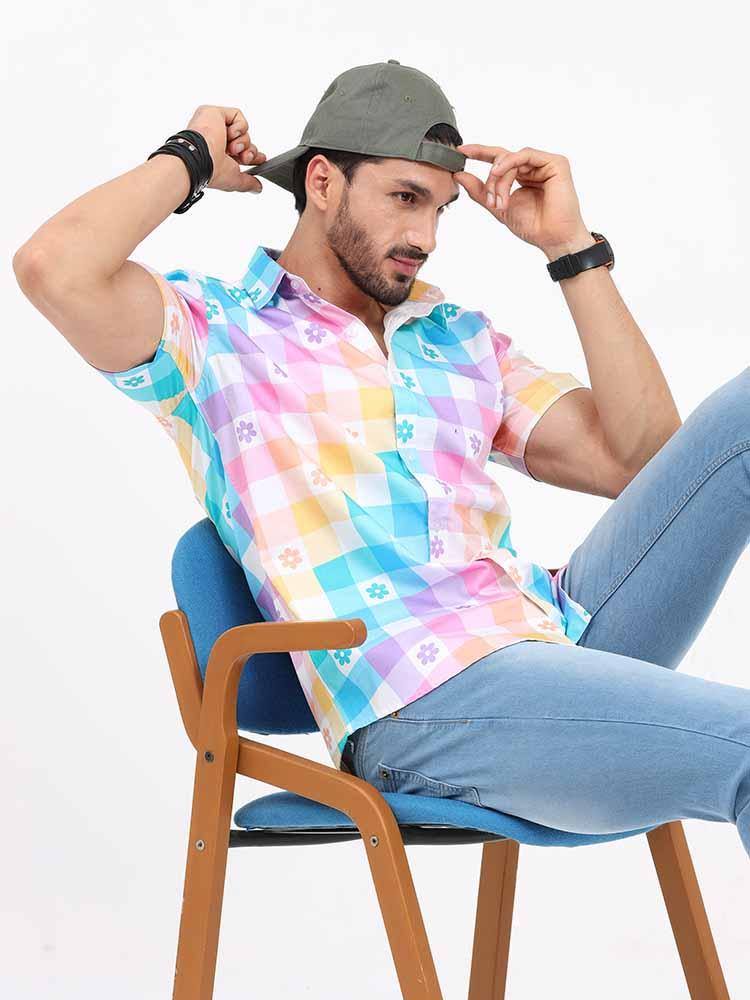 Abstract Rainbow Checks Cotton Half Sleeve Shirt - Guniaa Fashions