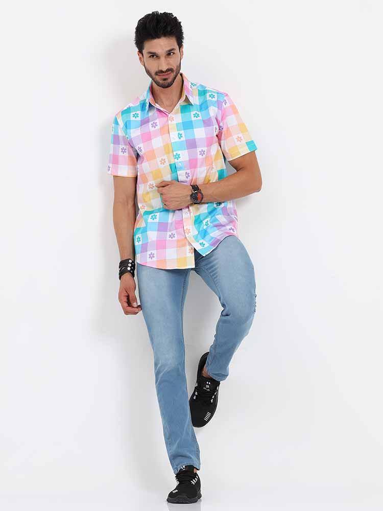 Abstract Rainbow Checks Cotton Half Sleeve Shirt - Guniaa Fashions