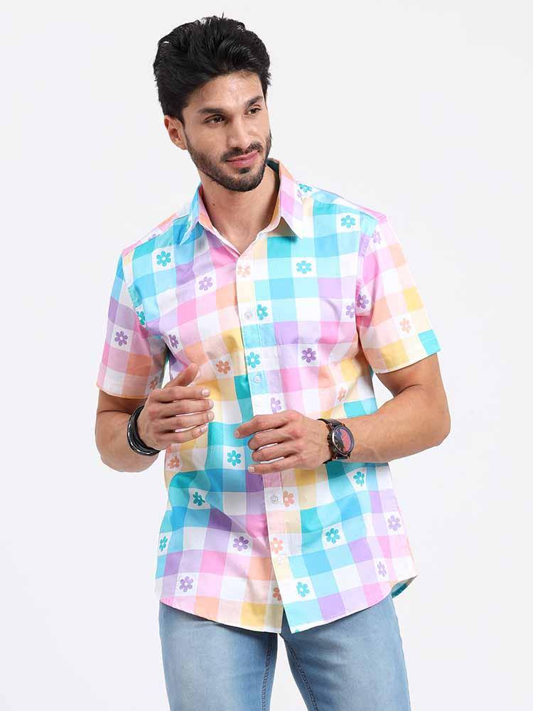 Abstract Rainbow Checks Cotton Half Sleeve Shirt - Guniaa Fashions