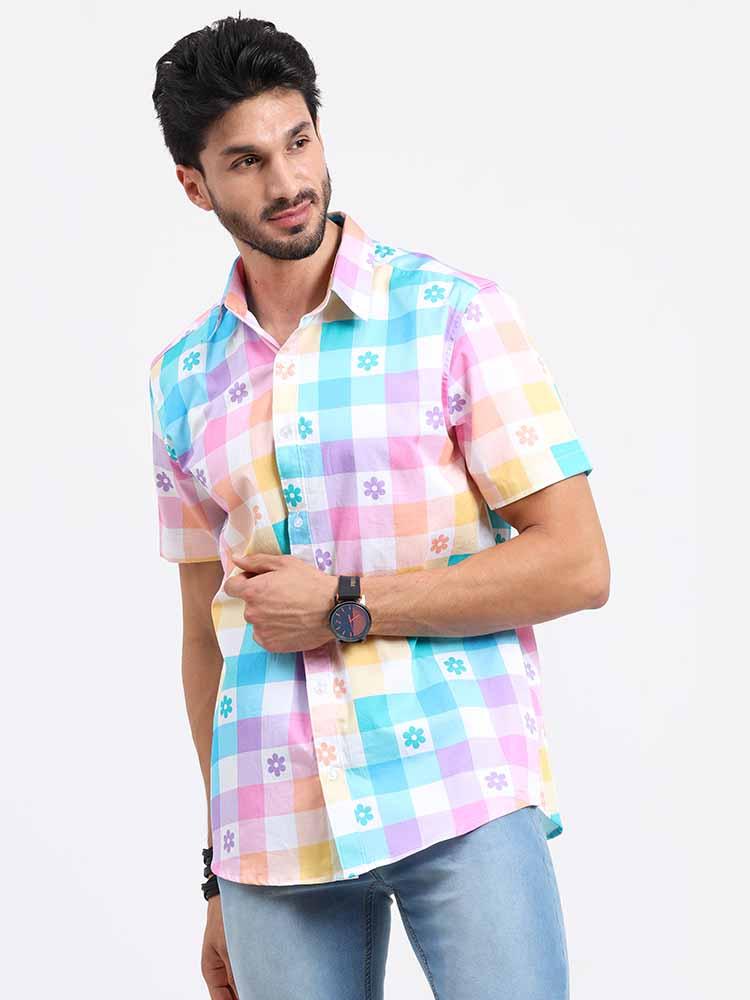 Abstract Rainbow Checks Cotton Half Sleeve Shirt - Guniaa Fashions