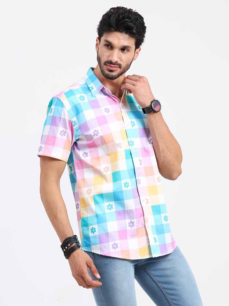 Abstract Rainbow Checks Cotton Half Sleeve Shirt - Guniaa Fashions