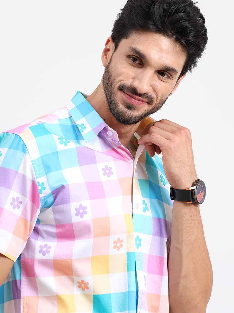 Abstract Rainbow Checks Cotton Half Sleeve Shirt - Guniaa Fashions