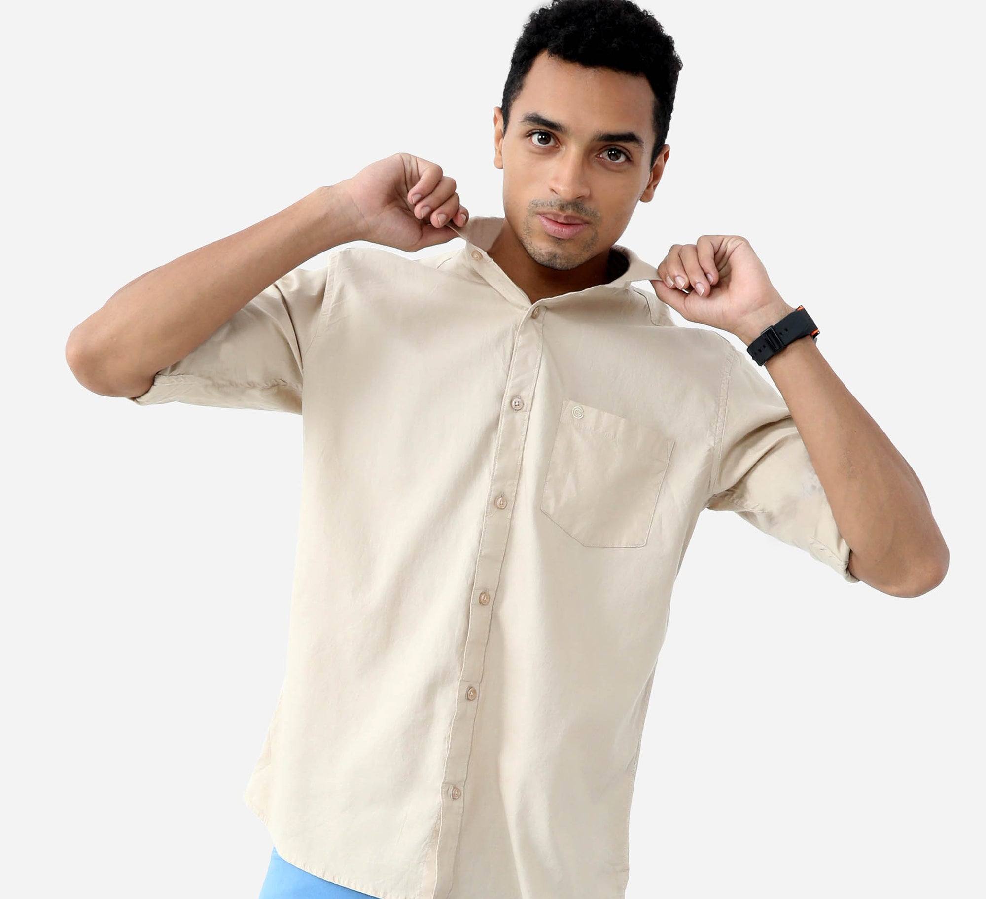 Beige Solid Cotton Full Sleeve Shirt - Guniaa Fashions