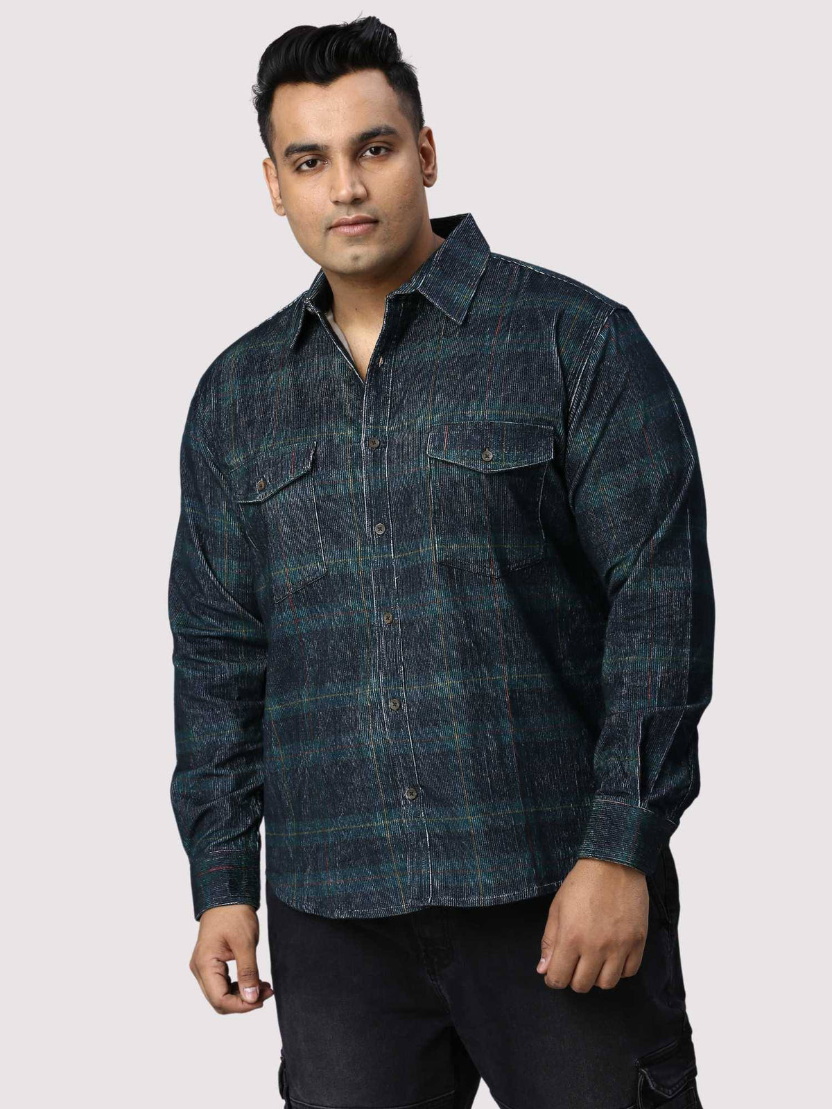 Black & Blue Checkered Double Pocket Full Shirt Men's Plus Size - Guniaa Fashions