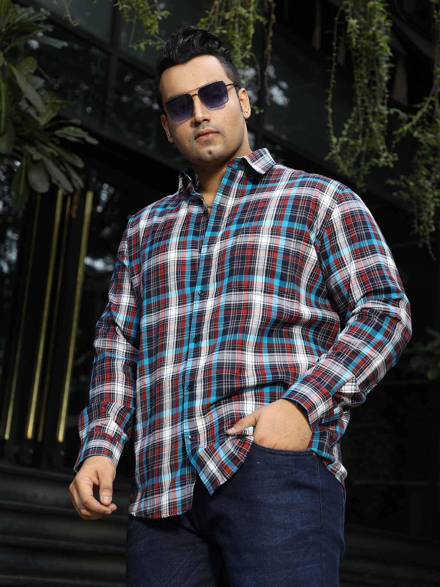 Black Blue Red Checkered Full Shirt Men's Plus Size - Guniaa Fashions