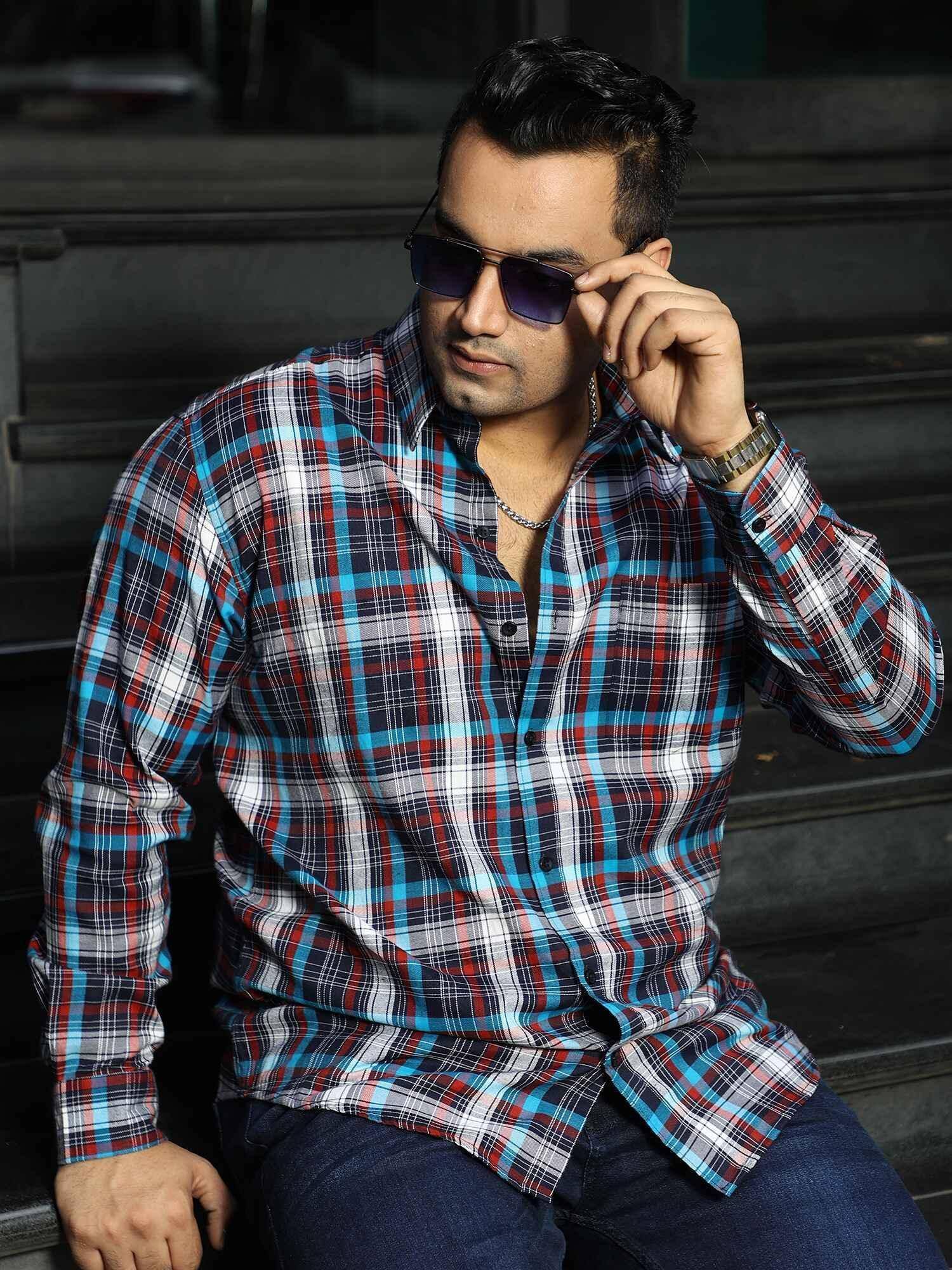 Black Blue Red Checkered Full Shirt Men's Plus Size - Guniaa Fashions