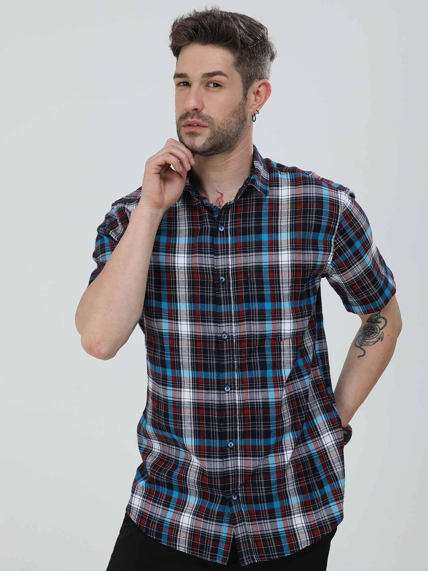 Black blue Red Checkered Half Shirt Men's Plus Size - Guniaa Fashions