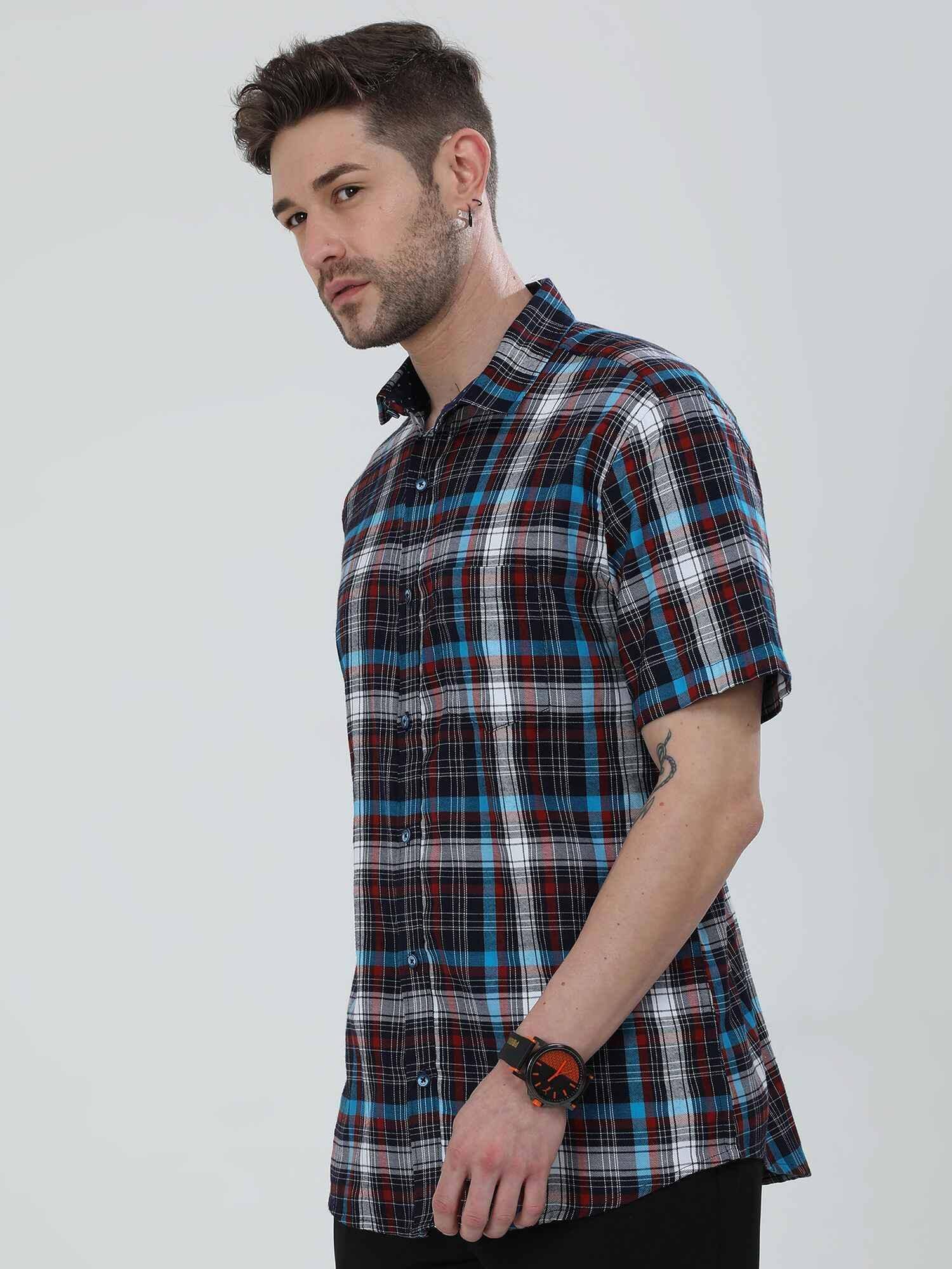 Black blue Red Checkered Half Shirt Men's Plus Size - Guniaa Fashions