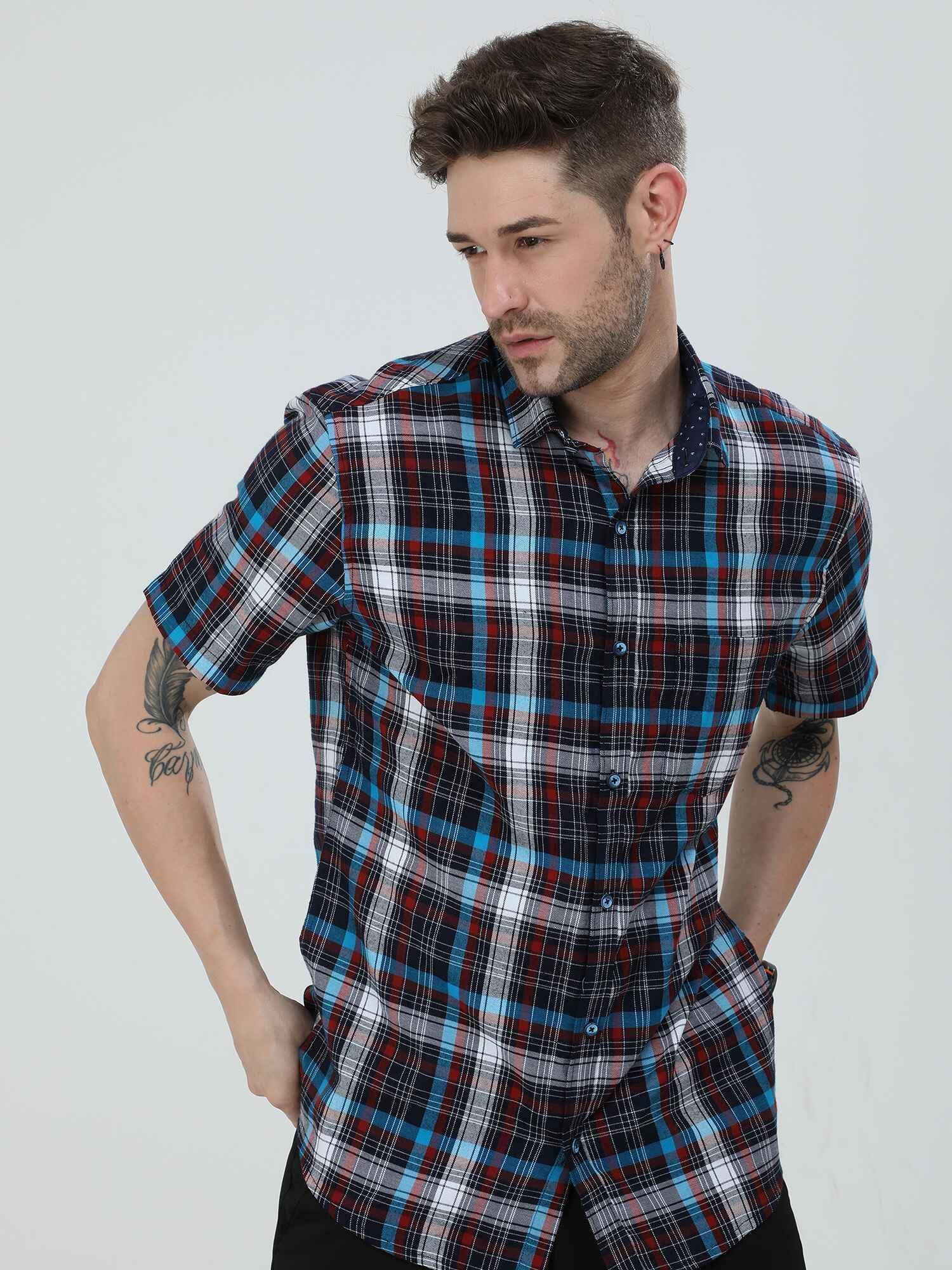 Black blue Red Checkered Half Shirt Men's Plus Size - Guniaa Fashions