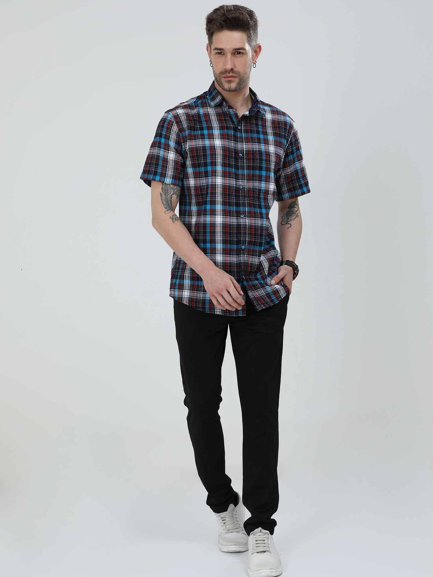 Black blue Red Checkered Half Shirt Men's Plus Size - Guniaa Fashions