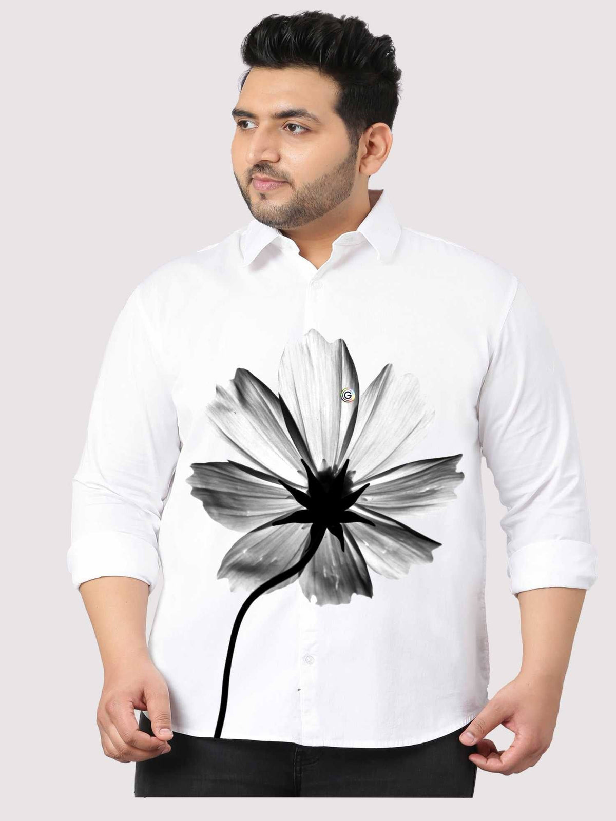 Black Cosmos Flower Printed White Shirt Men's Plus Size - Guniaa Fashions