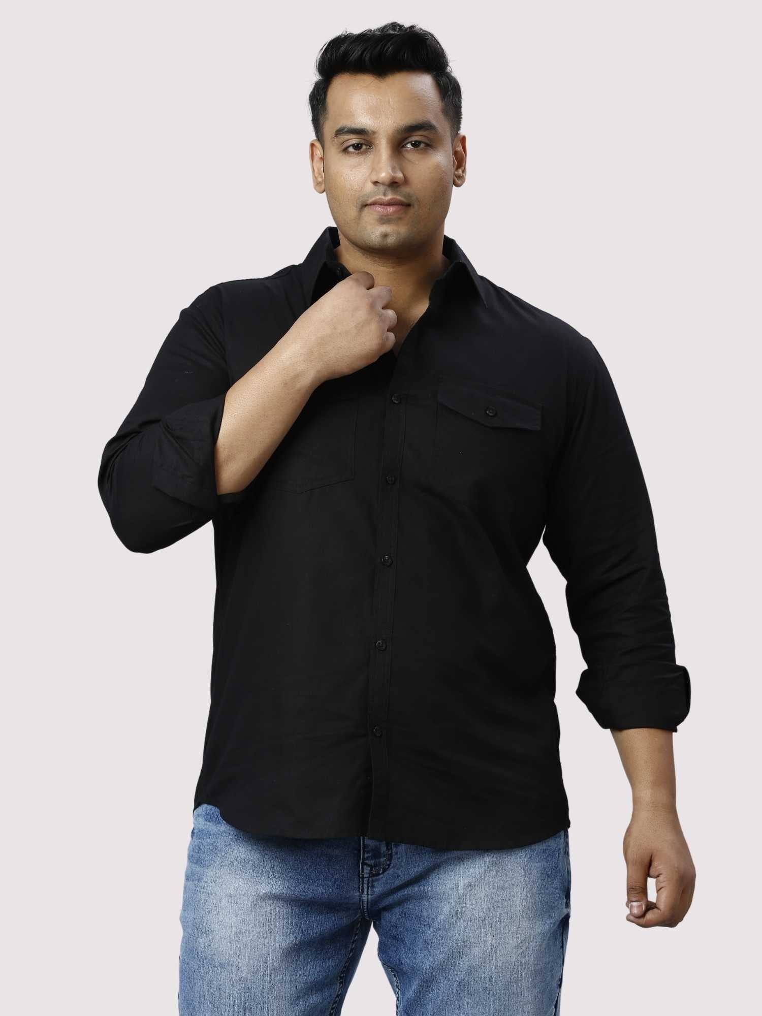 Black Cotton Double Pocket Full Sleeve Shirt Men's Plus Size - Guniaa Fashions