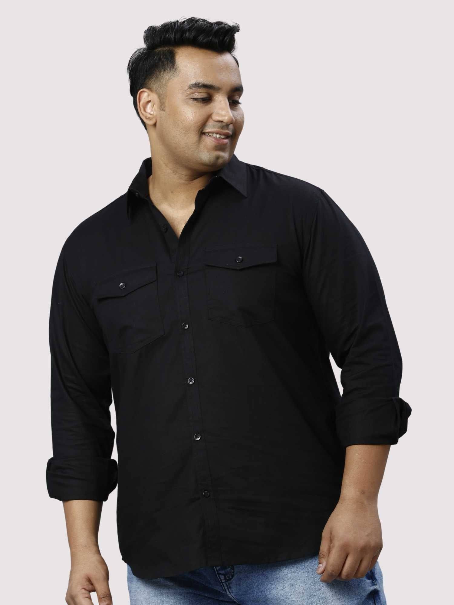 Black Cotton Double Pocket Full Sleeve Shirt Men's Plus Size - Guniaa Fashions