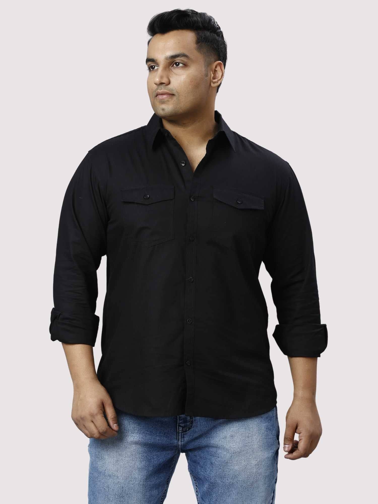 Black Cotton Double Pocket Full Sleeve Shirt Men's Plus Size - Guniaa Fashions