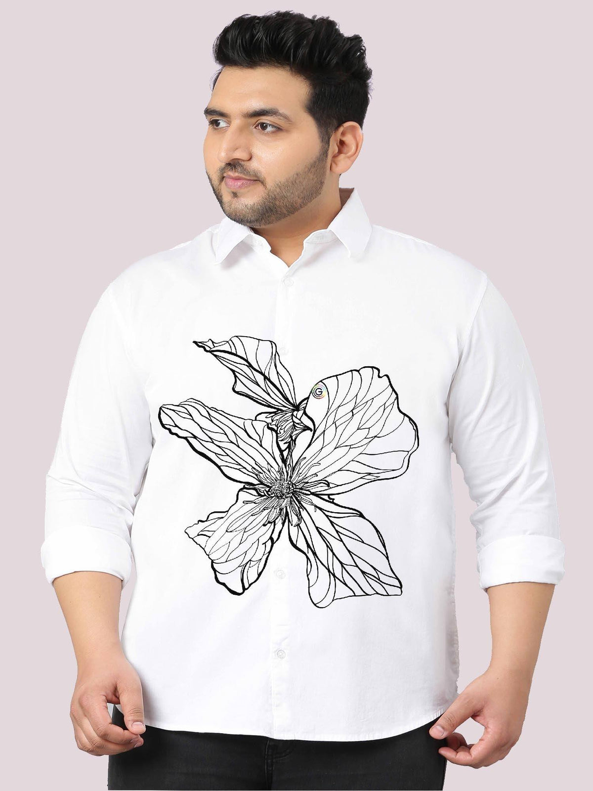 Black Flower Printed White Shirt Men's Plus Size - Guniaa Fashions