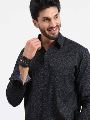 Black Ikat Printed Full Sleeve Shirt - Guniaa Fashions