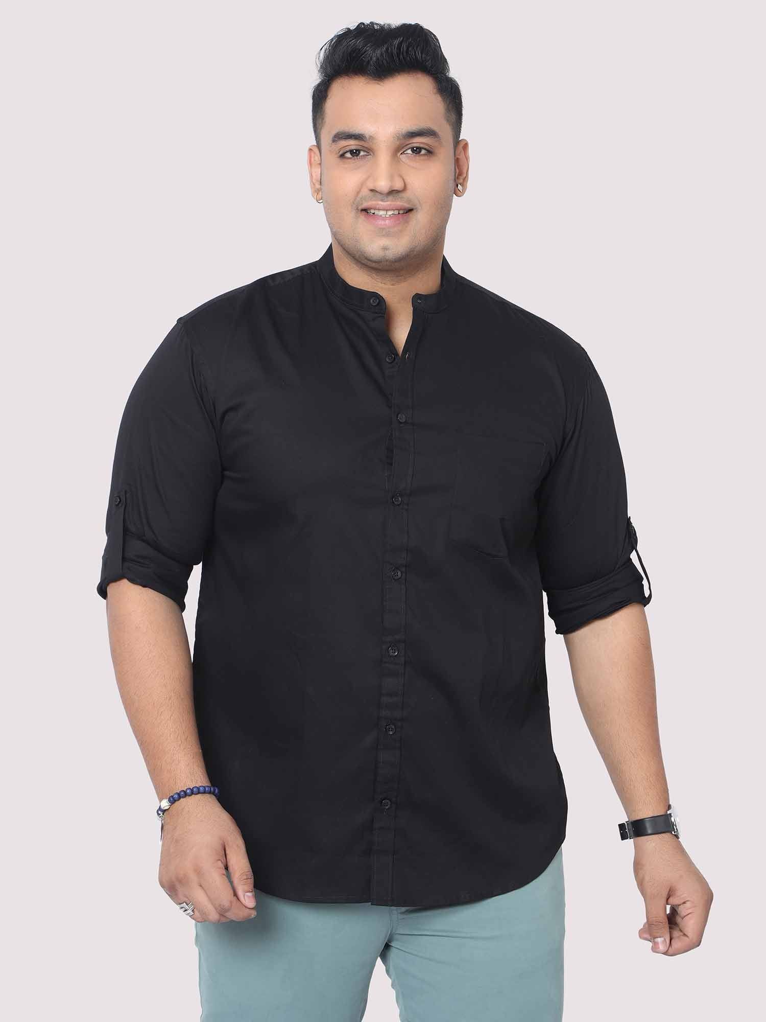 Black Mandarin Collar Men's Plus Size Cotton Full Shirt - Guniaa Fashions