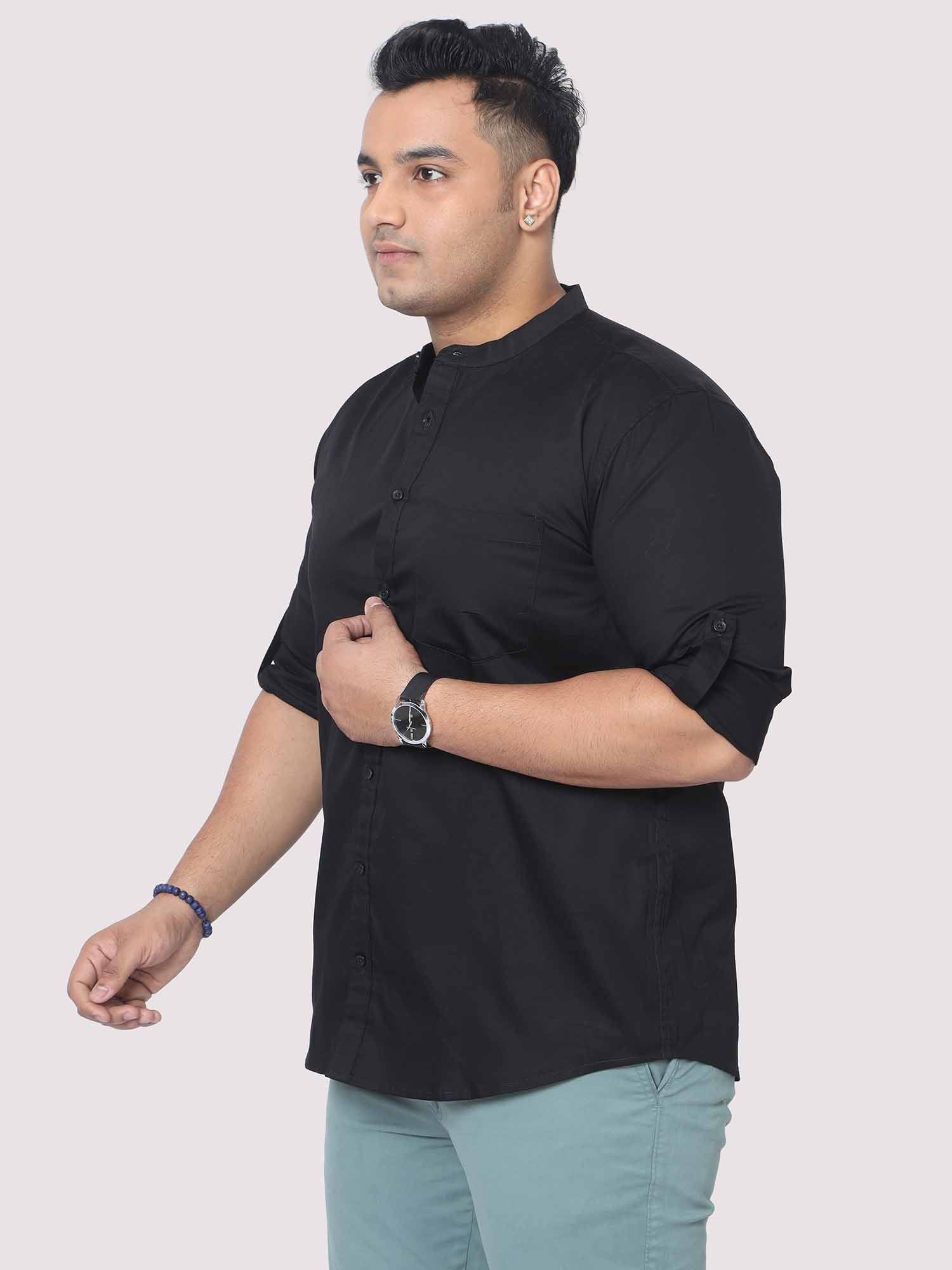 Black Mandarin Collar Men's Plus Size Cotton Full Shirt - Guniaa Fashions