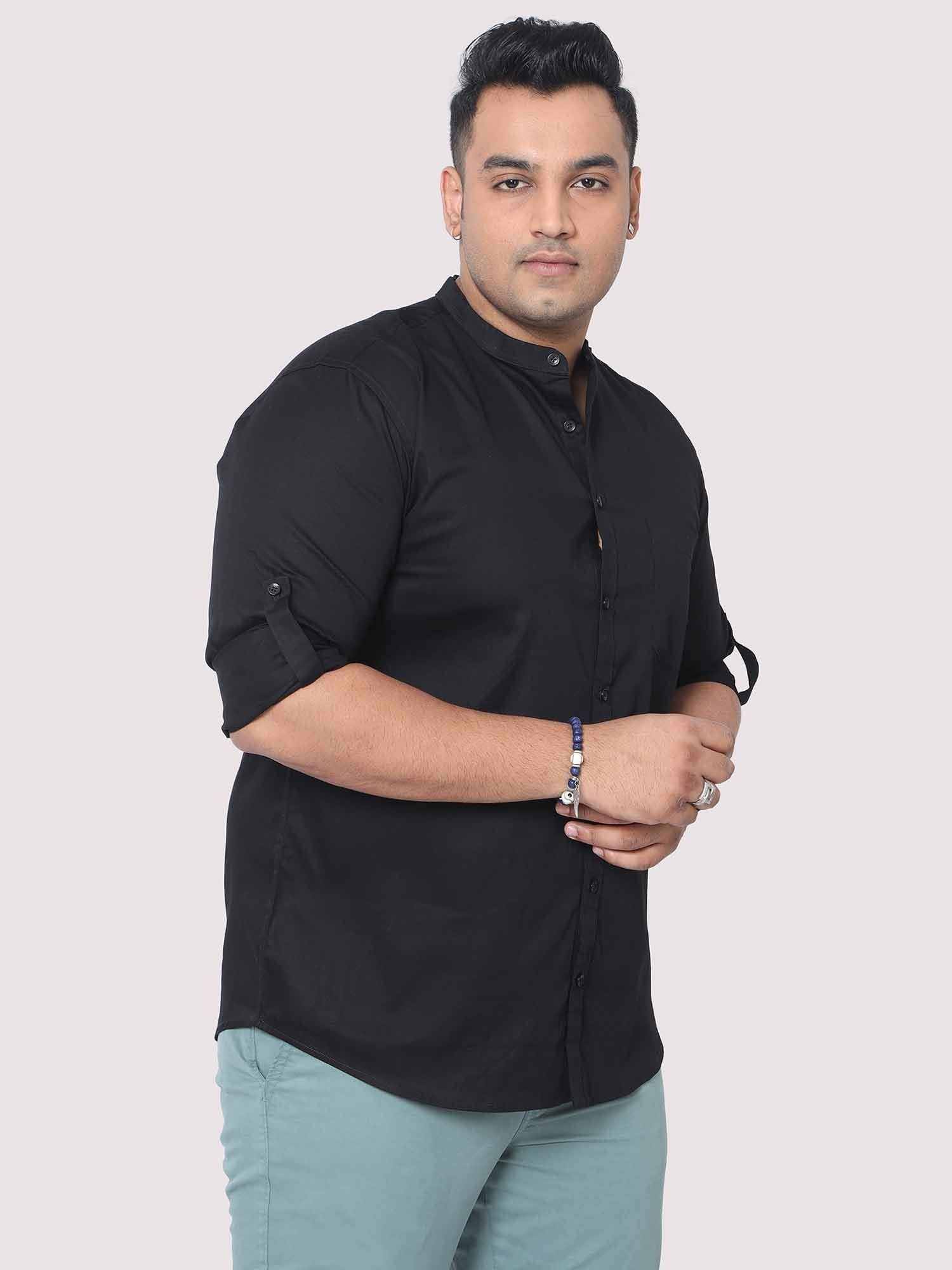 Black Mandarin Collar Men's Plus Size Cotton Full Shirt - Guniaa Fashions