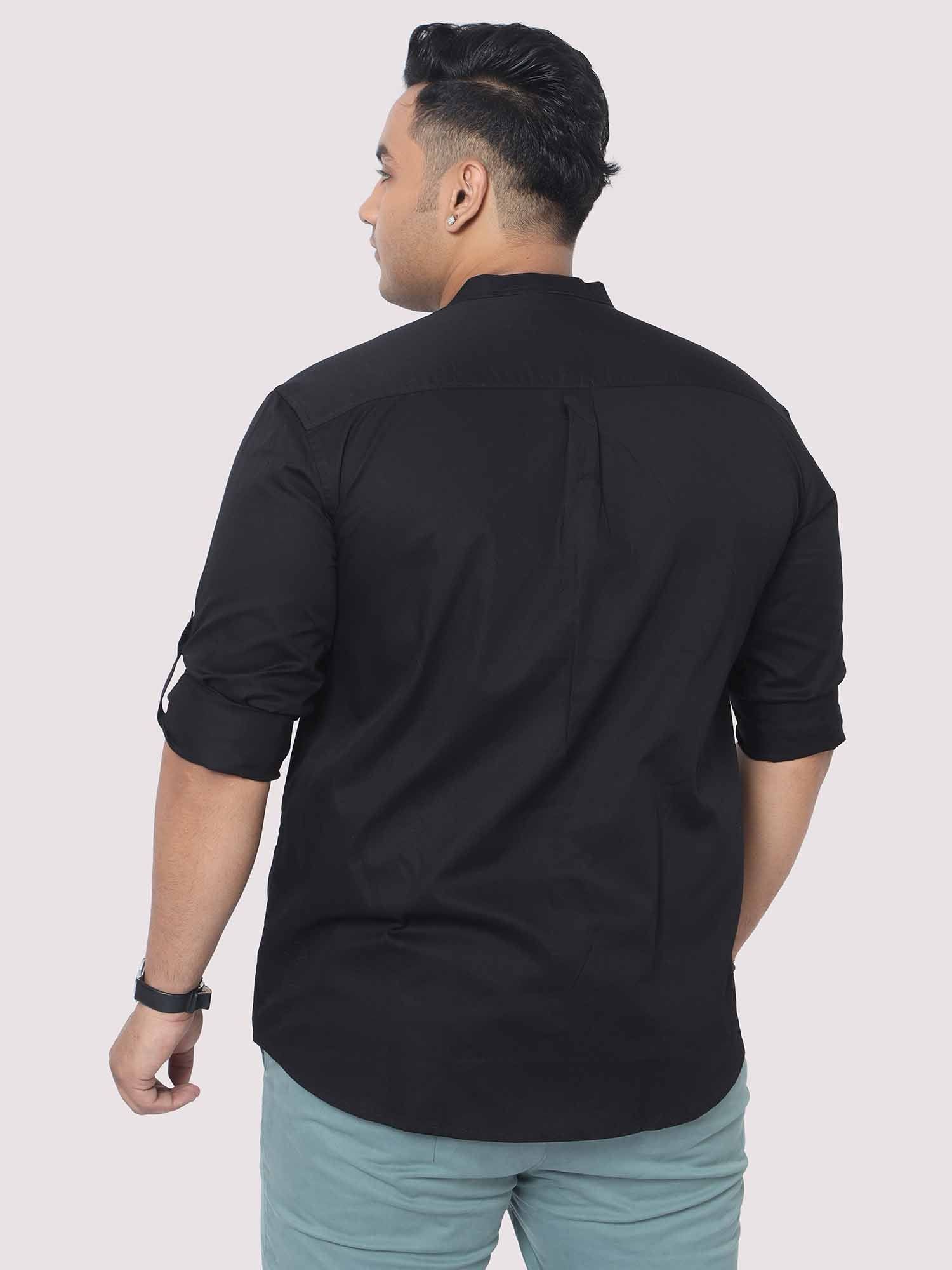 Black Mandarin Collar Men's Plus Size Cotton Full Shirt - Guniaa Fashions