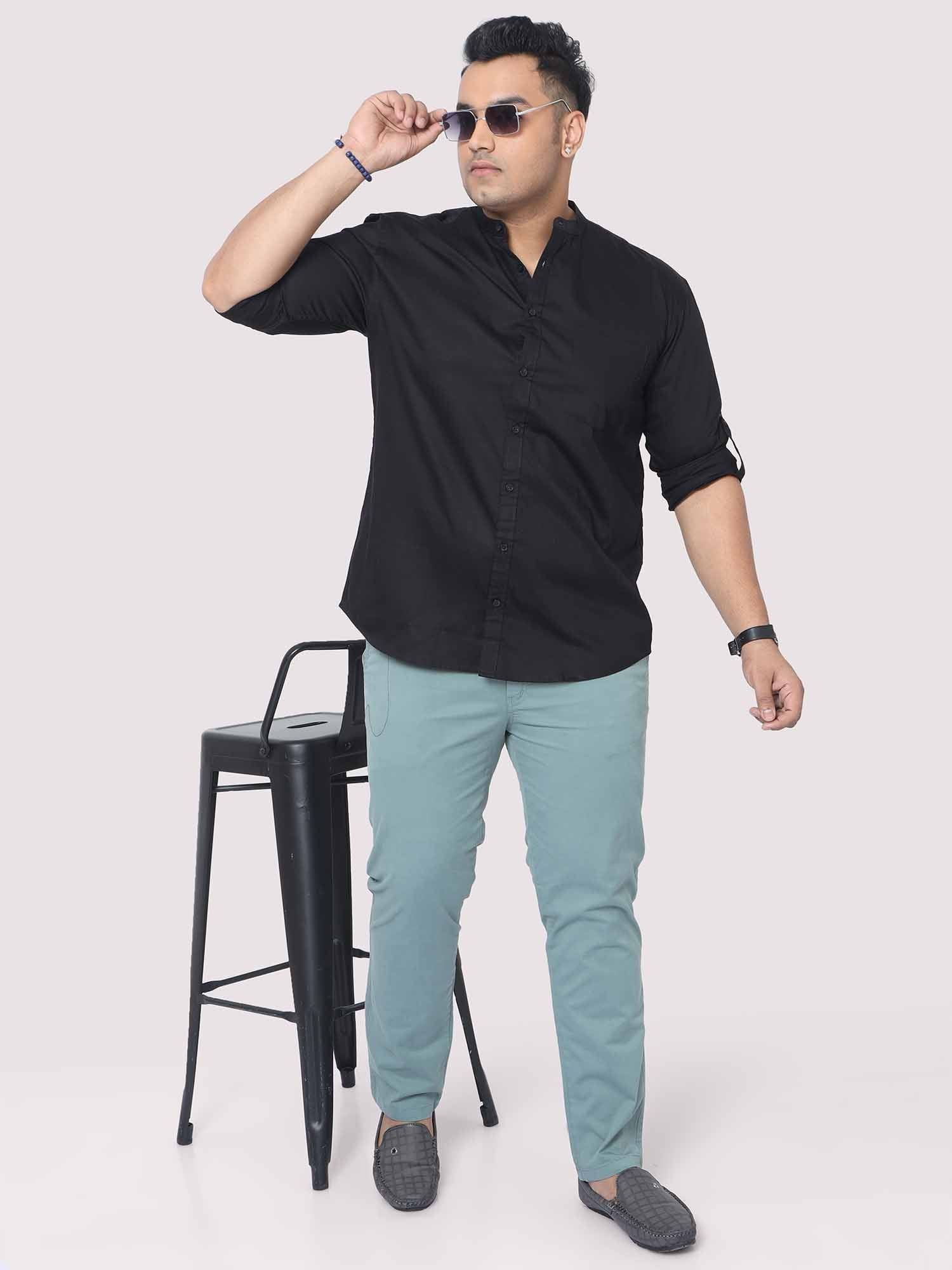 Black Mandarin Collar Men's Plus Size Cotton Full Shirt - Guniaa Fashions