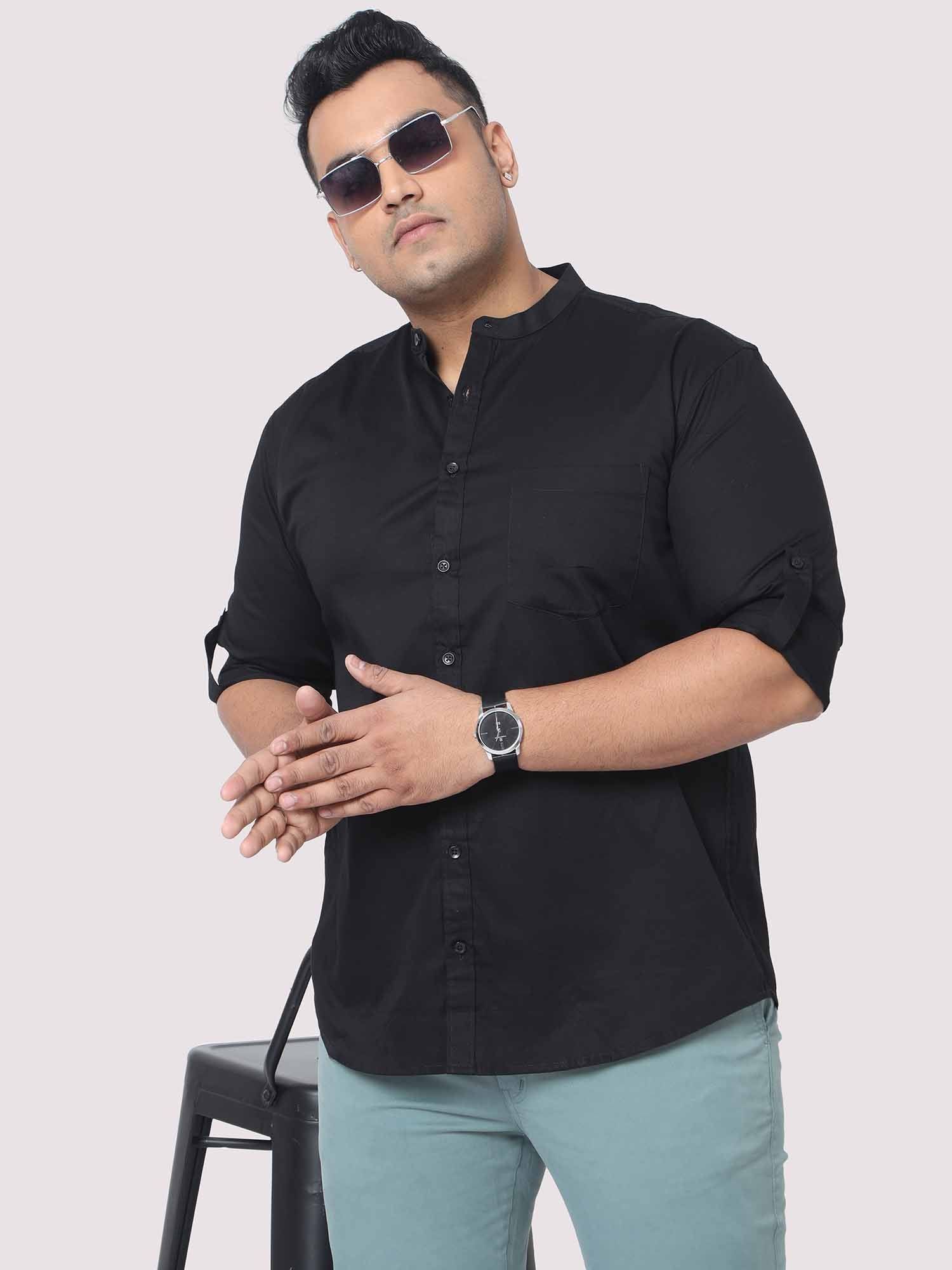 Black Mandarin Collar Men's Plus Size Cotton Full Shirt - Guniaa Fashions