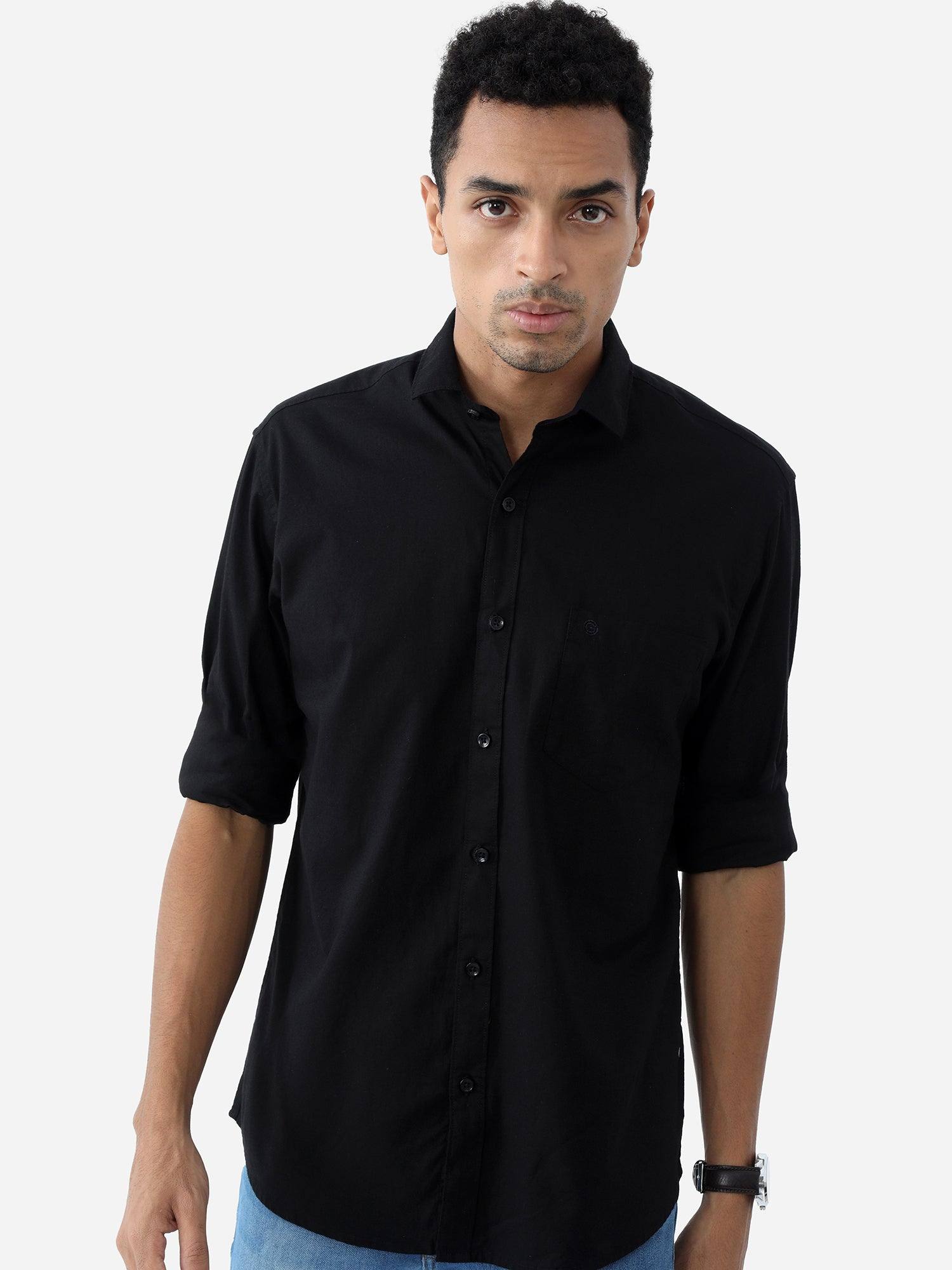 Black Solid Cotton Full Sleeve Shirt - Guniaa Fashions