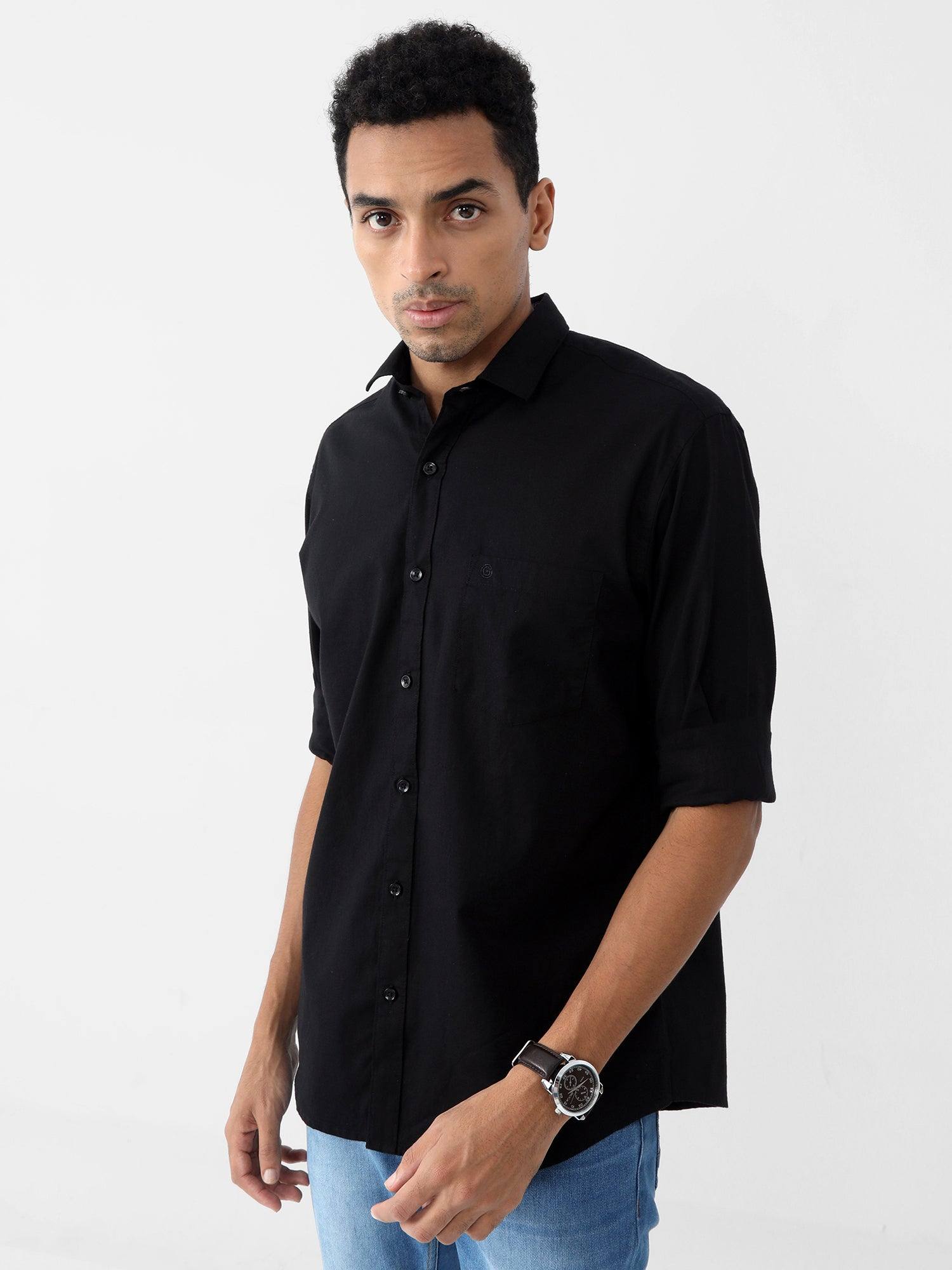 Black Solid Cotton Full Sleeve Shirt - Guniaa Fashions