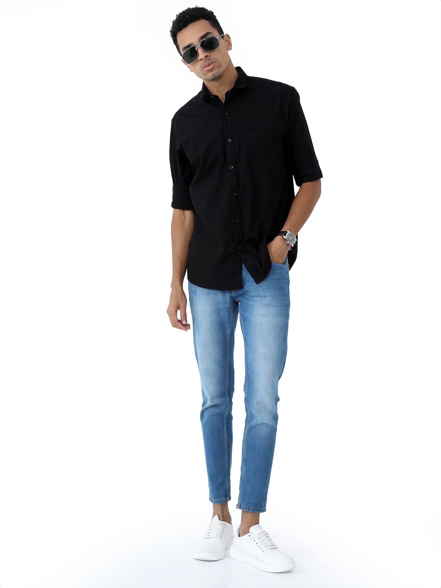 Black Solid Cotton Full Sleeve Shirt - Guniaa Fashions