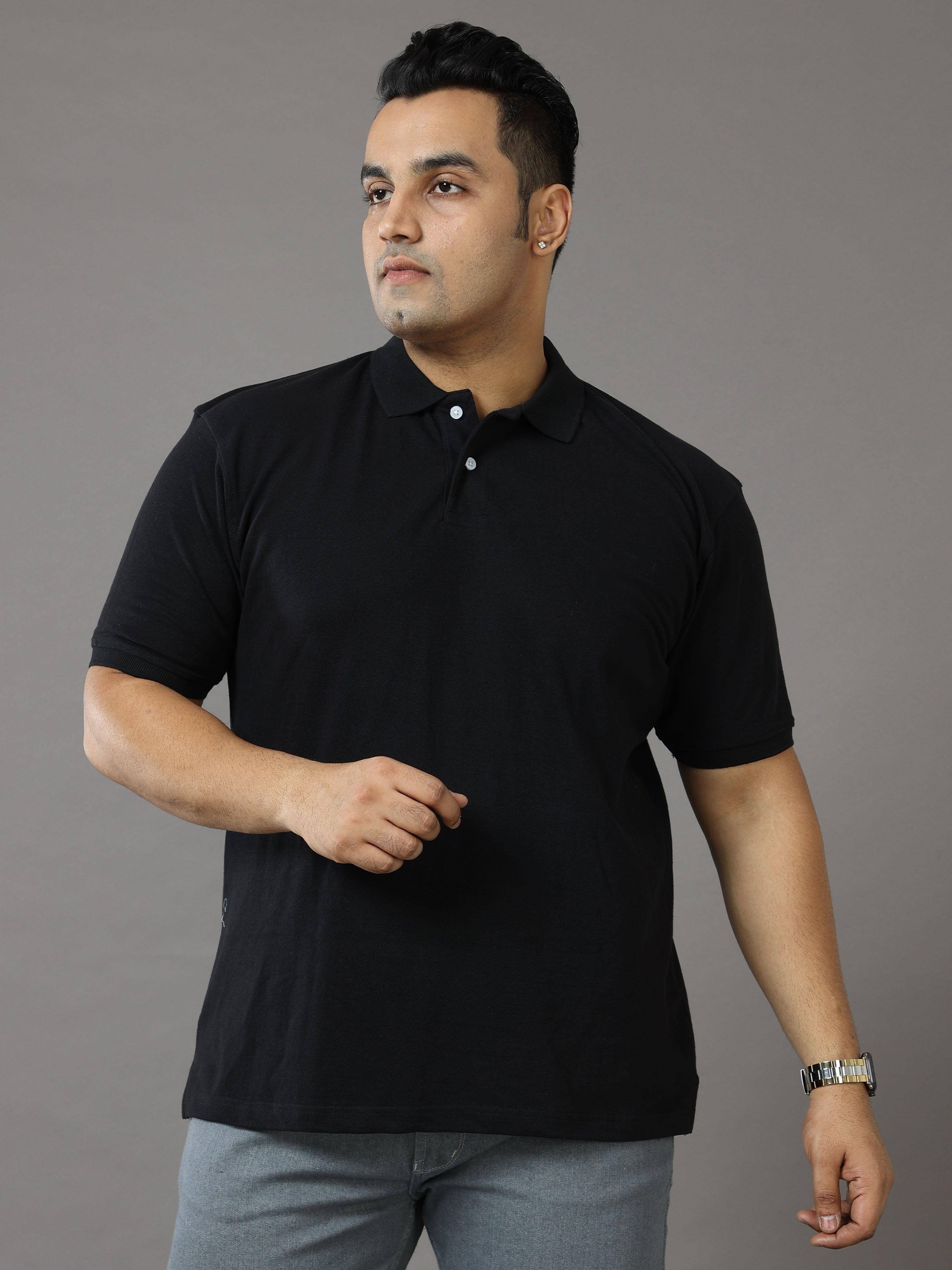 Black Solid Polo Collar Pure Cotton T-SHIRT Men's Plus Size - Guniaa Fashions