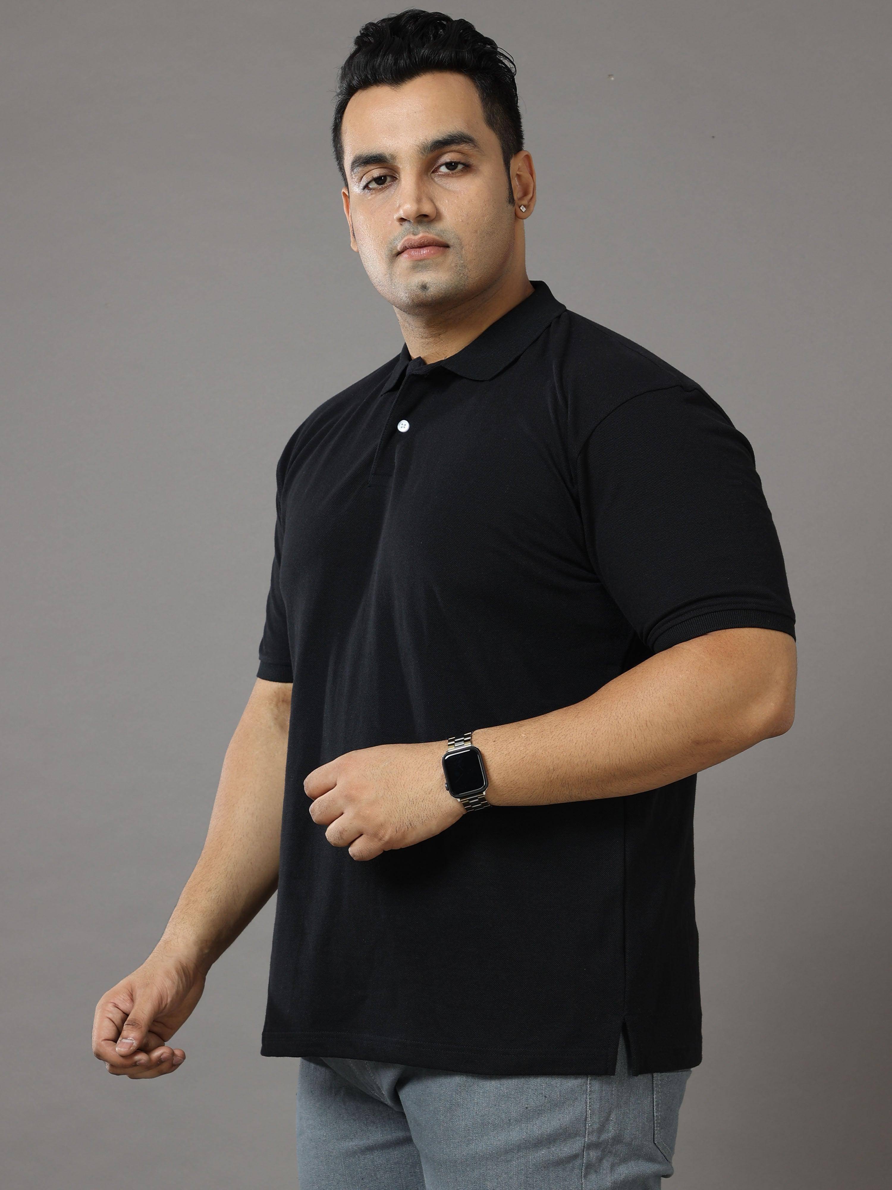 Black Solid Polo Collar Pure Cotton T-SHIRT Men's Plus Size - Guniaa Fashions