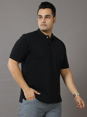 Black Solid Polo Collar Pure Cotton T-SHIRT Men's Plus Size - Guniaa Fashions