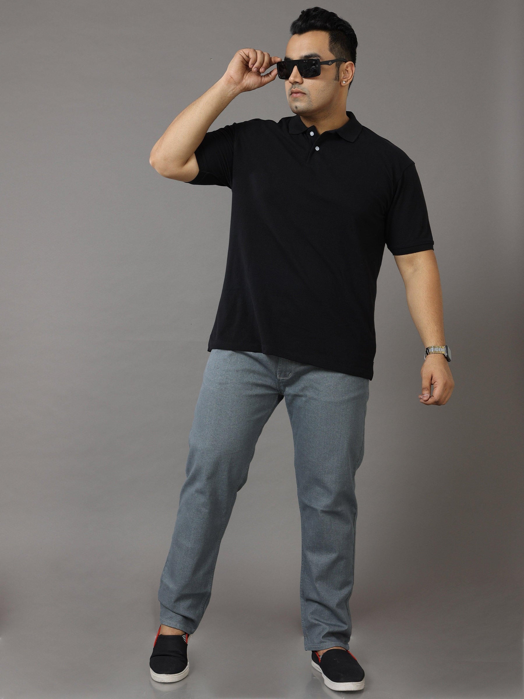 Black Solid Polo Collar Pure Cotton T-SHIRT Men's Plus Size - Guniaa Fashions