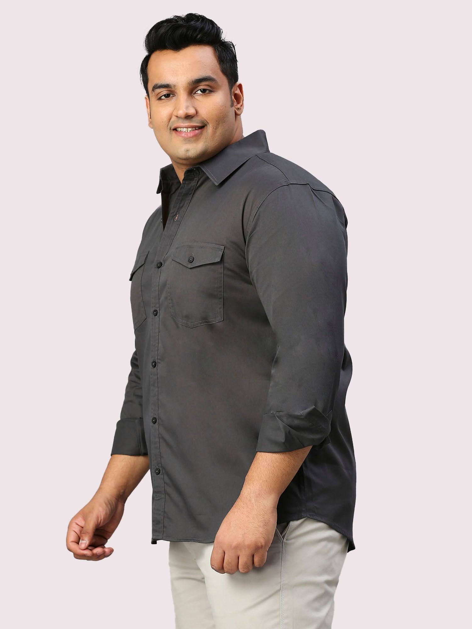 Black Solid Pure Cotton Double Pocket Full Sleeve Shirt Men's Plus Size - Guniaa Fashions