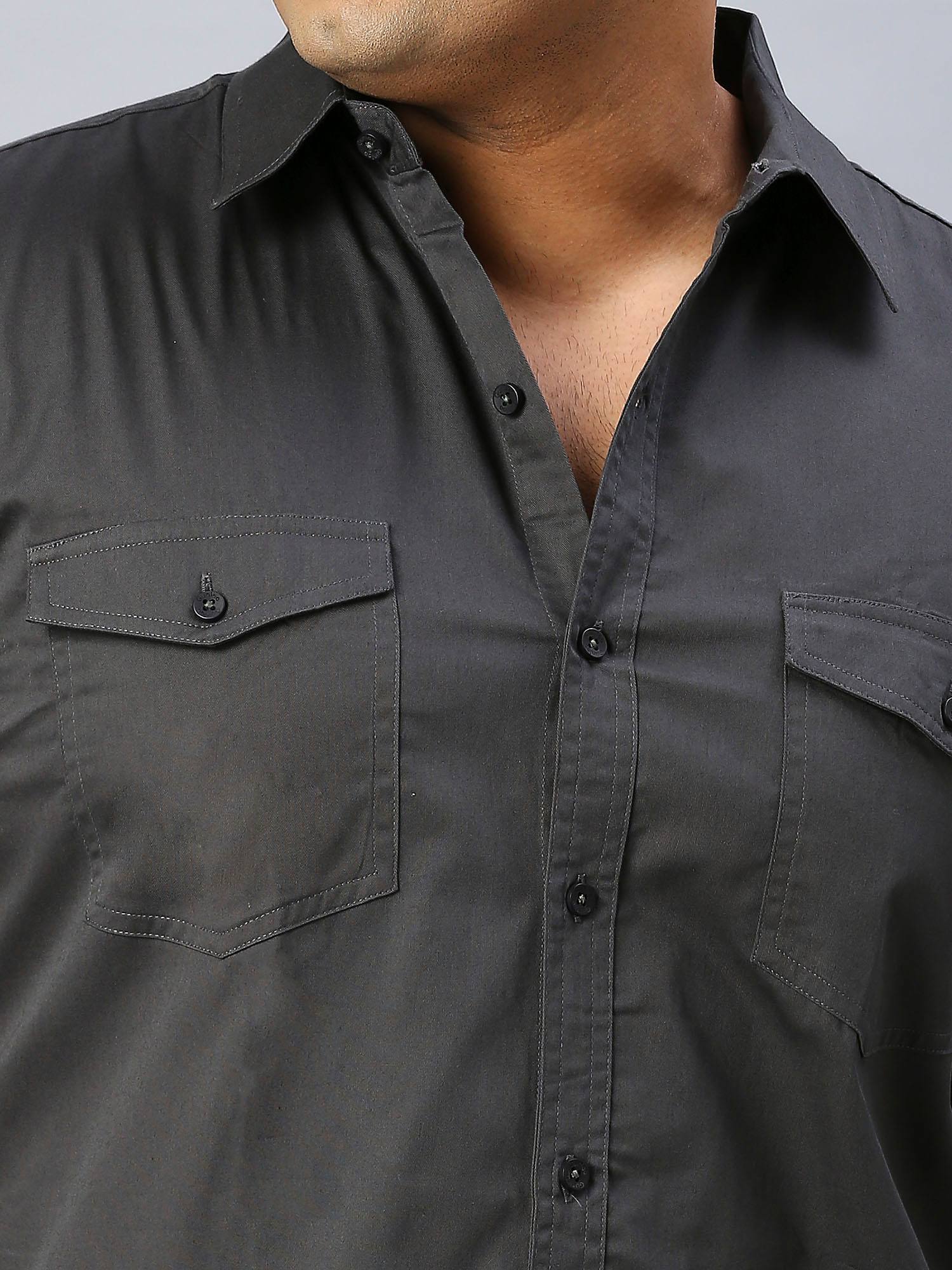 Black Solid Pure Cotton Double Pocket Full Sleeve Shirt Men's Plus Size - Guniaa Fashions