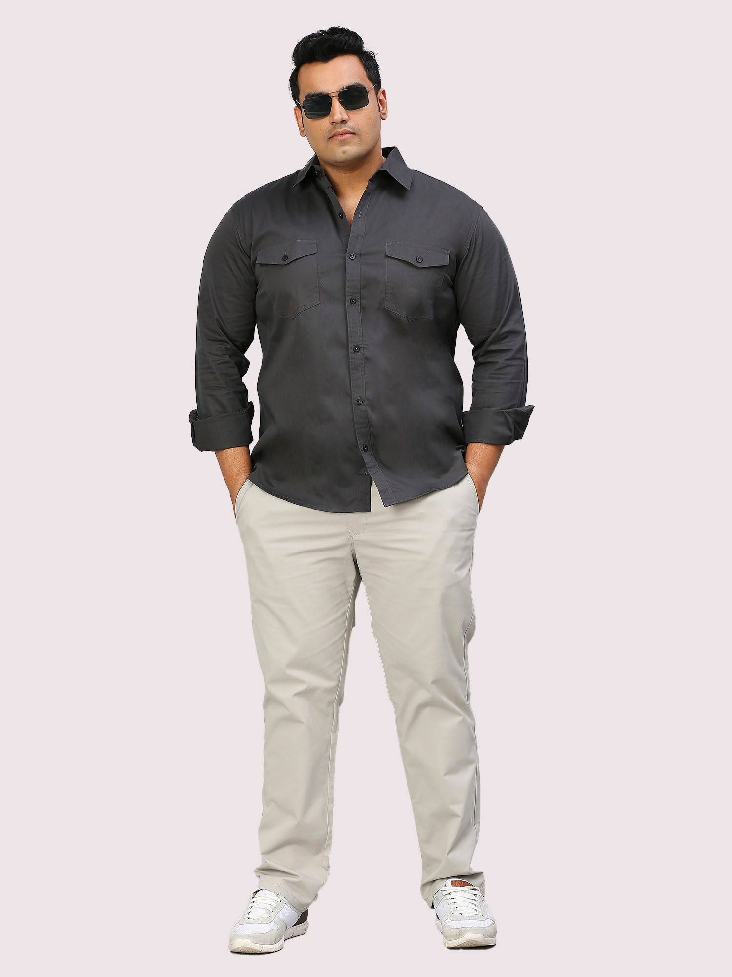 Black Solid Pure Cotton Double Pocket Full Sleeve Shirt Men's Plus Size - Guniaa Fashions