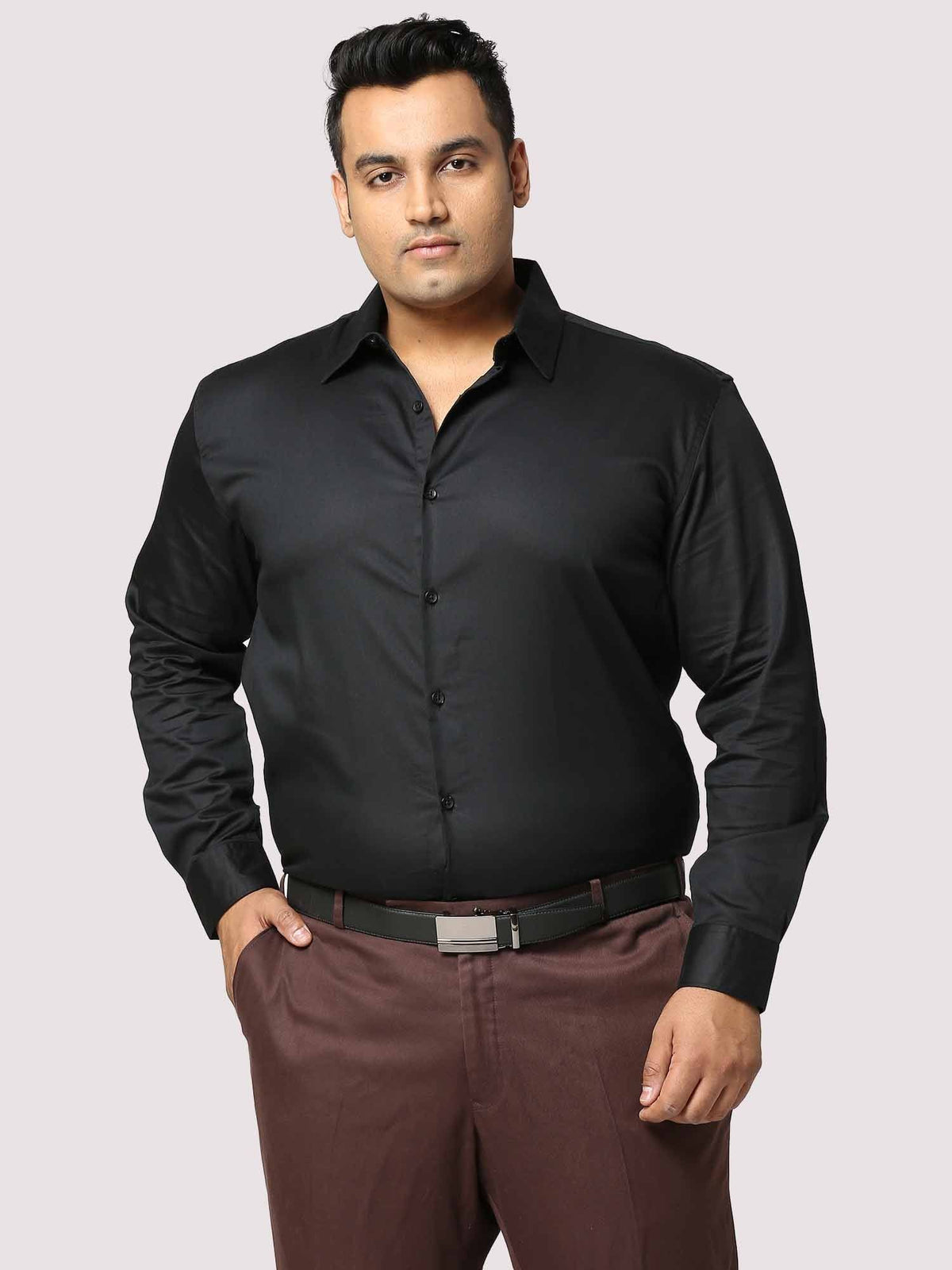 Black Solid Stretchable Cotton Shirt Men's Plus Size - Guniaa Fashions