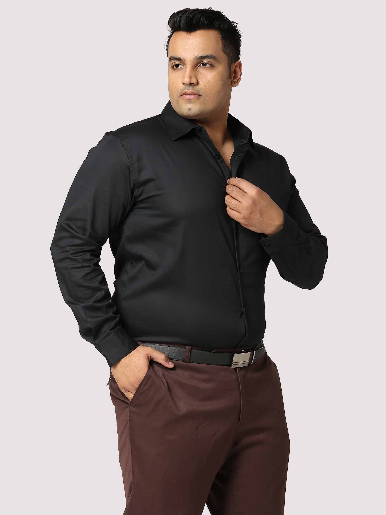 Black Solid Stretchable Cotton Shirt Men's Plus Size - Guniaa Fashions