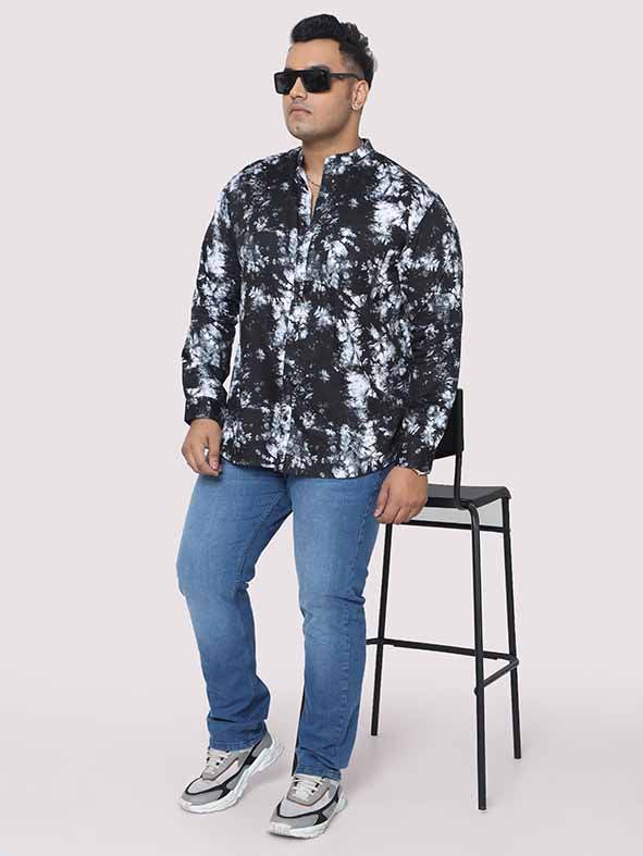 Black Tie Dye Texture Chinese Collar Men's Plus Size Full Shirt - Guniaa Fashions