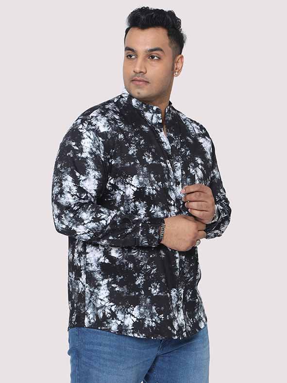 Black Tie Dye Texture Chinese Collar Men's Plus Size Full Shirt - Guniaa Fashions