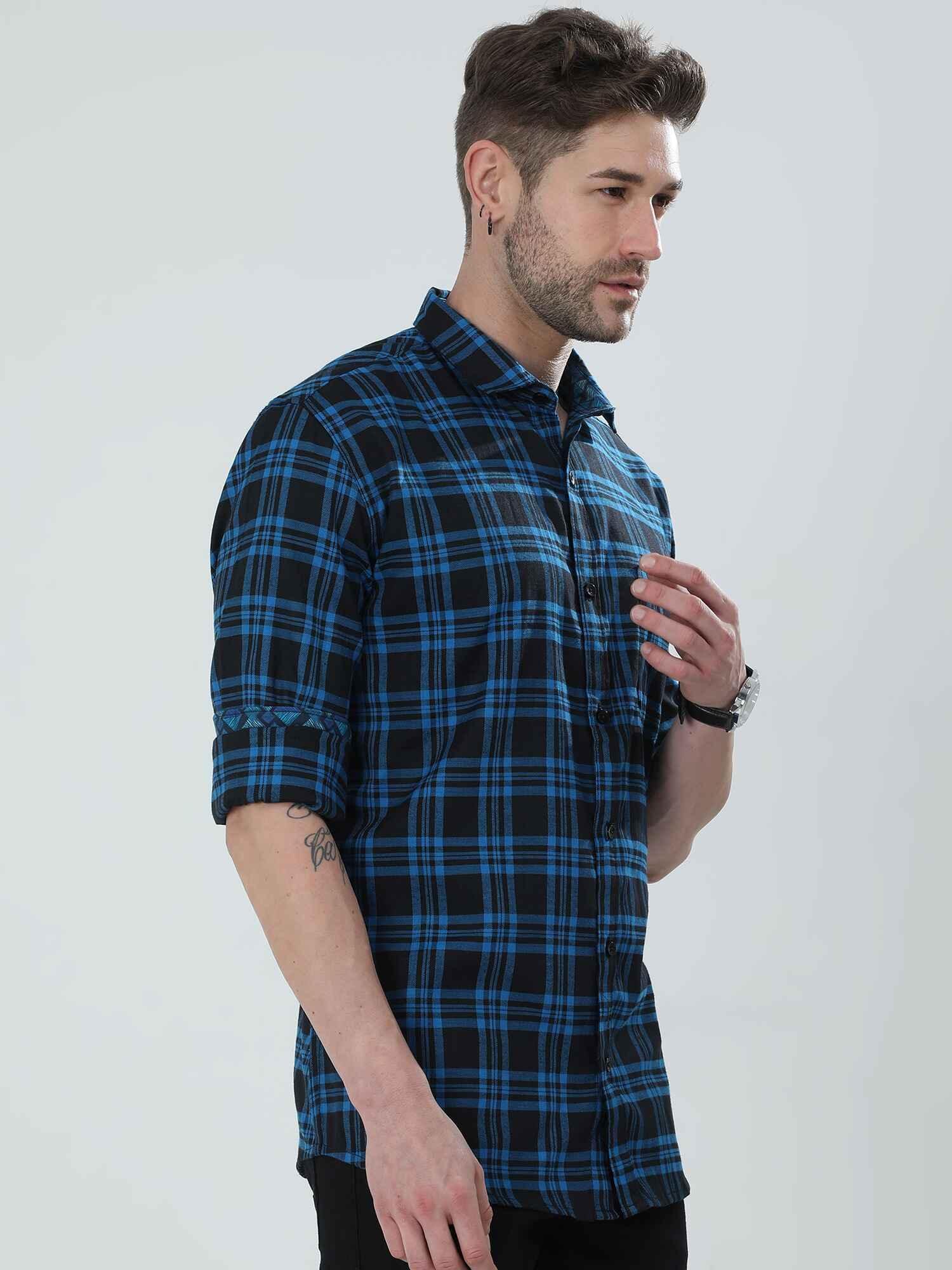 Blue and Black Checkered Cotton Shirt - Guniaa Fashions