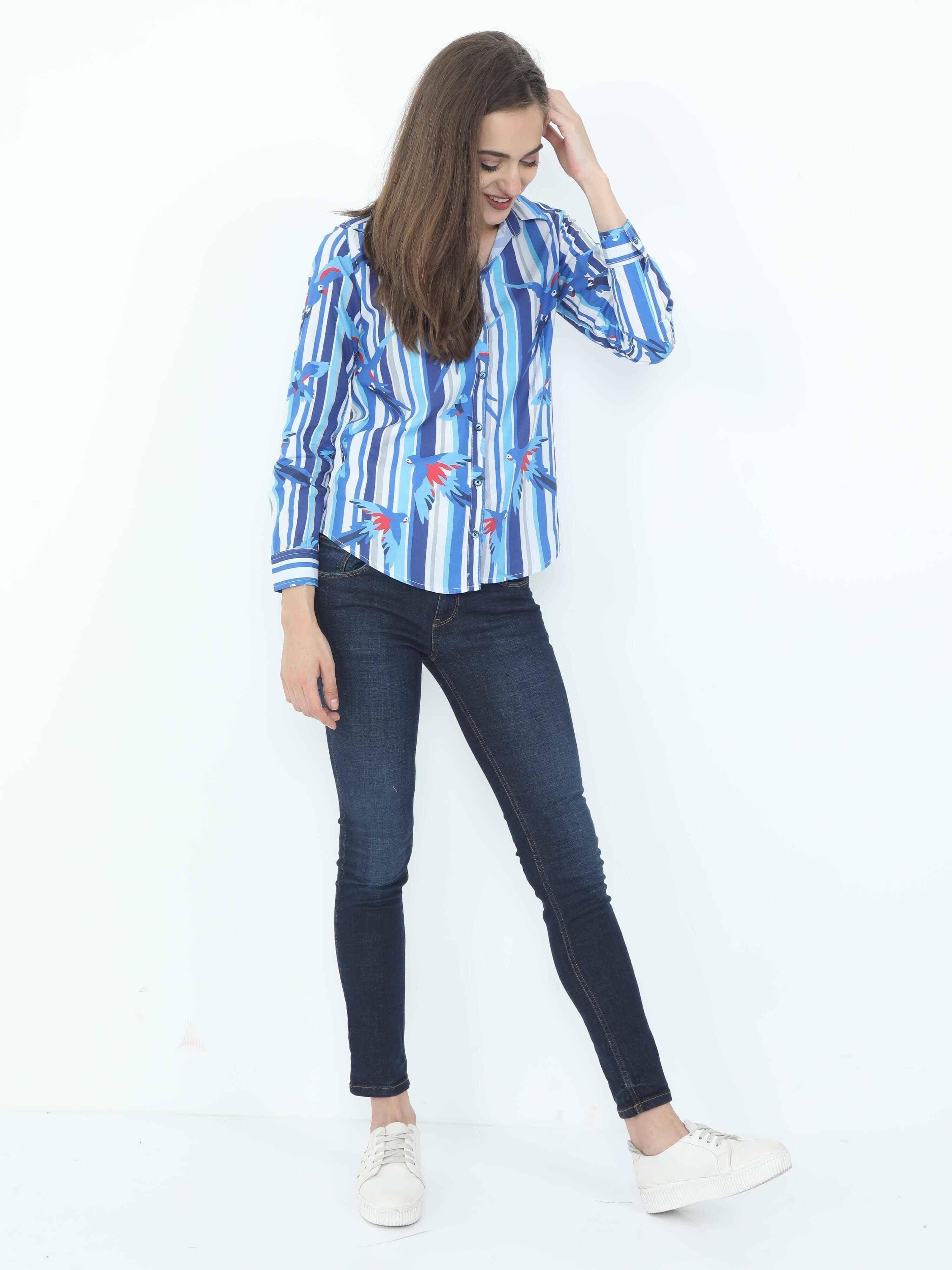 Blue & White Digital Printed Tailored Shirt - Guniaa Fashions