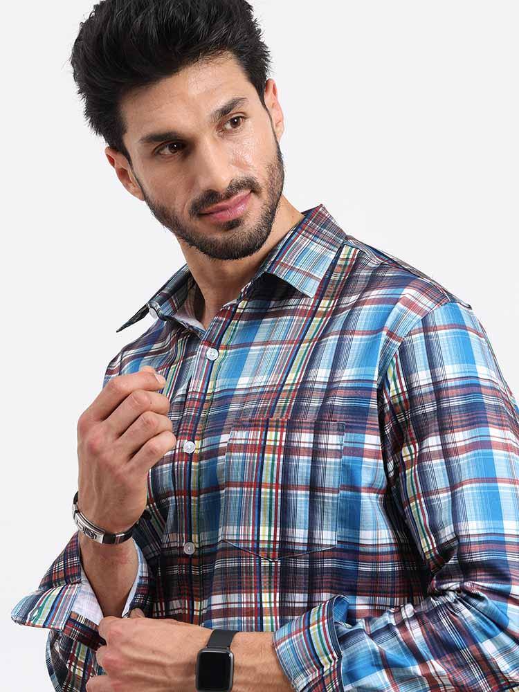 Blue Brown Checks Printed Full Sleeve Shirt - Guniaa Fashions