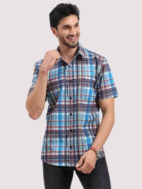 Blue Brown Checks Printed Half Sleeve Shirt - Guniaa Fashions