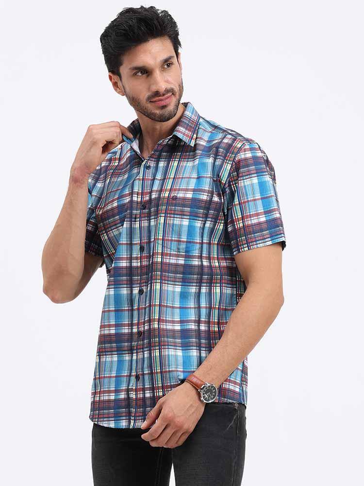 Blue Brown Checks Printed Half Sleeve Shirt - Guniaa Fashions