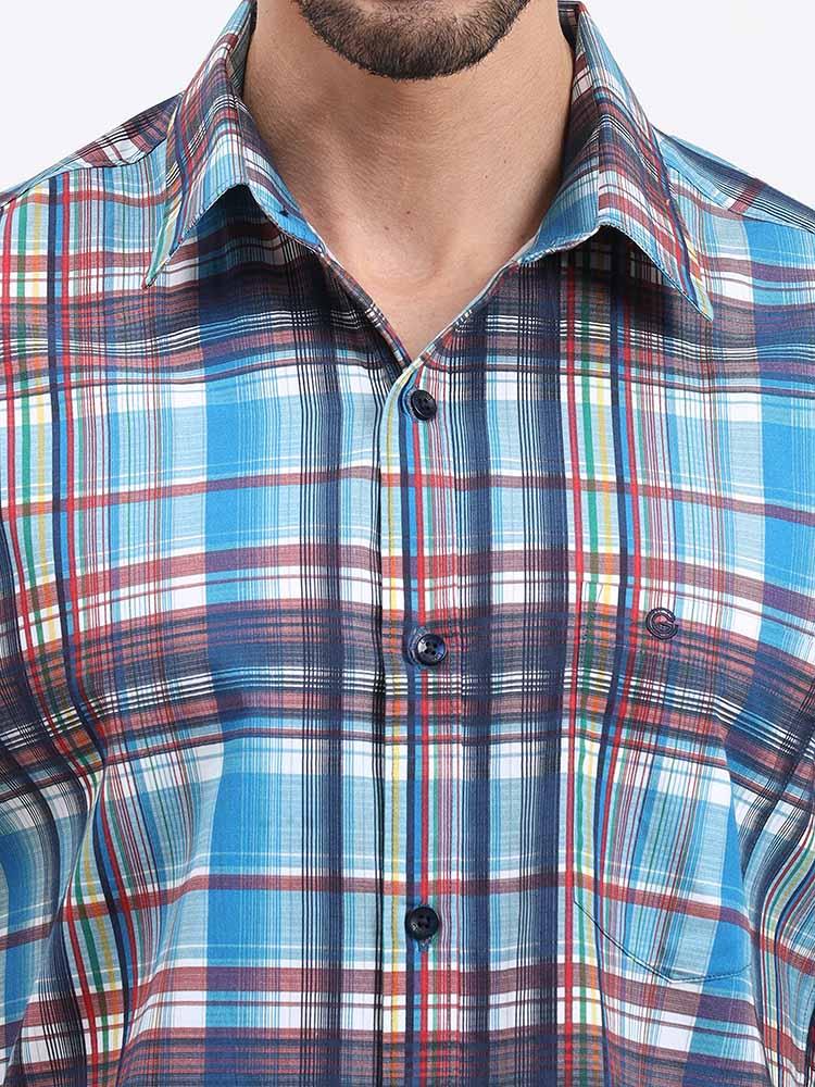 Blue Brown Checks Printed Half Sleeve Shirt - Guniaa Fashions