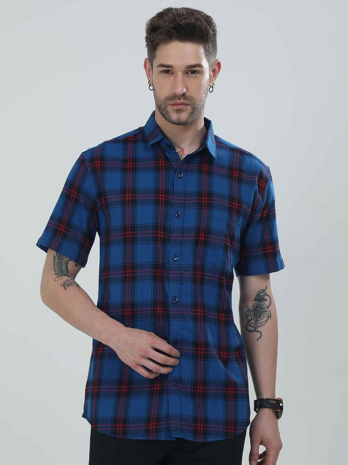 Blue Checkered Half Shirt - Guniaa Fashions